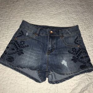 Blue denim shorts with Aztec accents, size 0